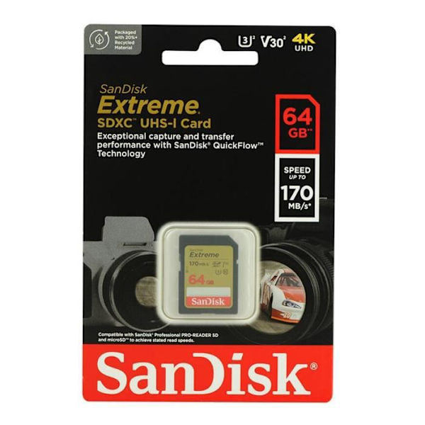 SDXC-minneskort - SANDISK - Extreme 64GB - 170MB/S - 80MB/S - UHS-I Class 10 U3 V30