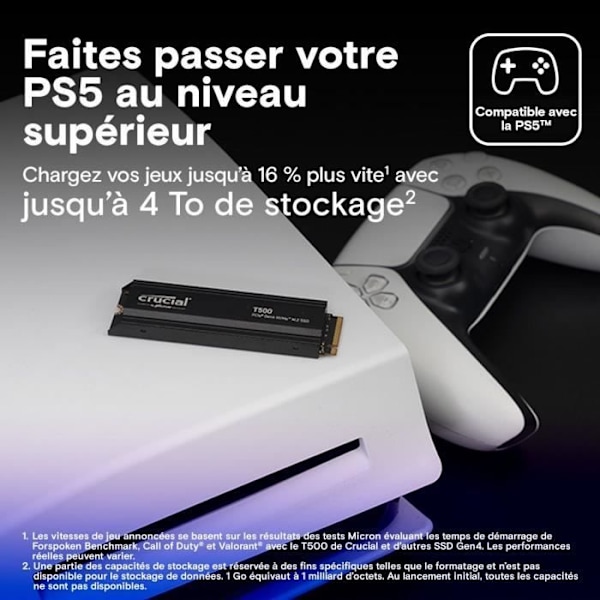 Crucial T500 SSD 2TB PCIe Gen4 NVMe M.2 PS5 Intern spel-SSD med kylfläns, PlayStation 5-kompatibel - CT2000T500SSD5