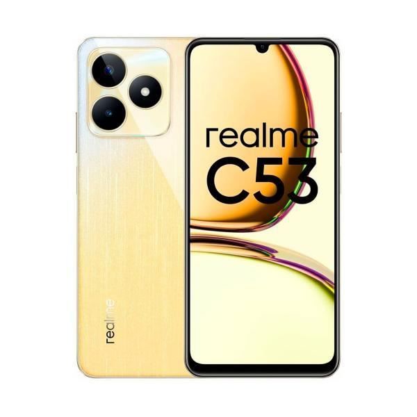 realme C53 smartphone i Champion Gold-färg med 6,74" 90 Hz HD+-skärm, 720 x 1280 pixlar, 8 GB DDR4 RAM + 256 GB eMMC 5.1