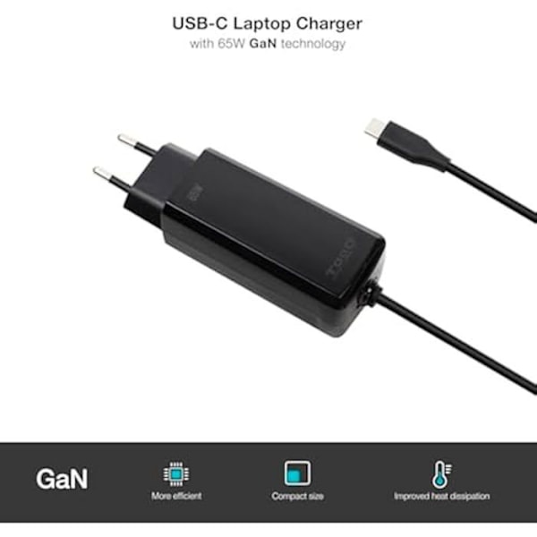 Bärbar Laddare - TOOQ - Kubisk Laddare - 65W - USB-C PD - Svart