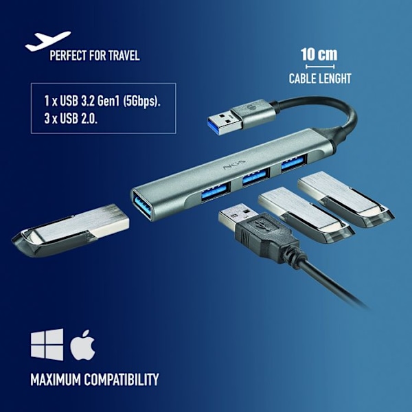 USB-hub - NGS - IHUB4 MICRO - 4 portar - USB 3.2 Gen1 - Kompakt - Aluminium