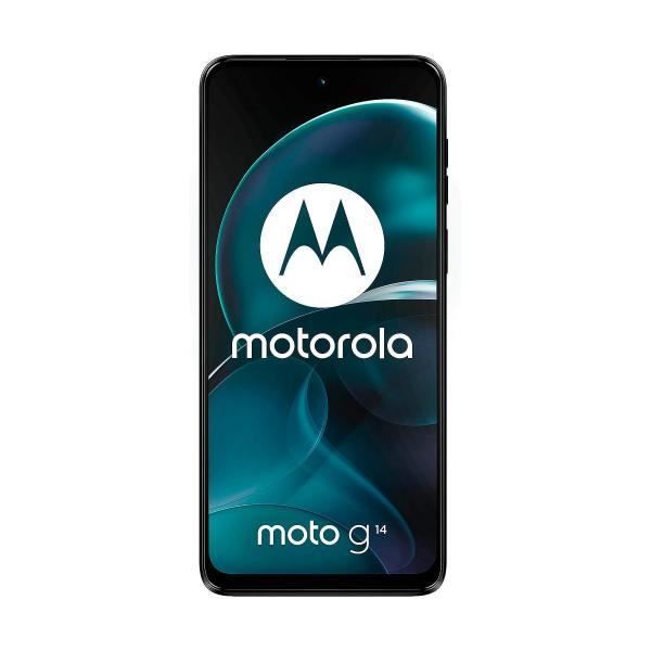 Motorola Moto G14 smartphone i stålgrå färg med 6,5" Full HD+-skärm, 1080 x 2400 pixlar, 4 GB DDR4 RAM + 128 GB UFS