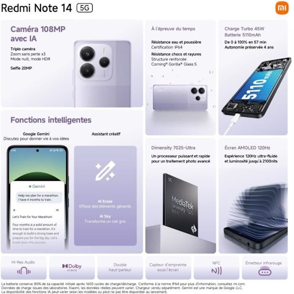 XIAOMI - Redmi Note 14 5G - 8 Go + 256 Go - Lavendel Lila lavendel lila