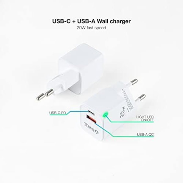 TOOQ TQWC-QCPD20WT - USB-C/PD + USB-A/QC 20W VÄGGLADDARE Vit