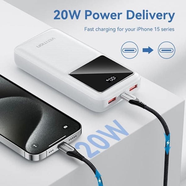USB-C extern batteri, 2x USB, Micro-USB, LED-skärm, PD22,5W, 20 000 mAh - Vention (FHLW0) - Vit