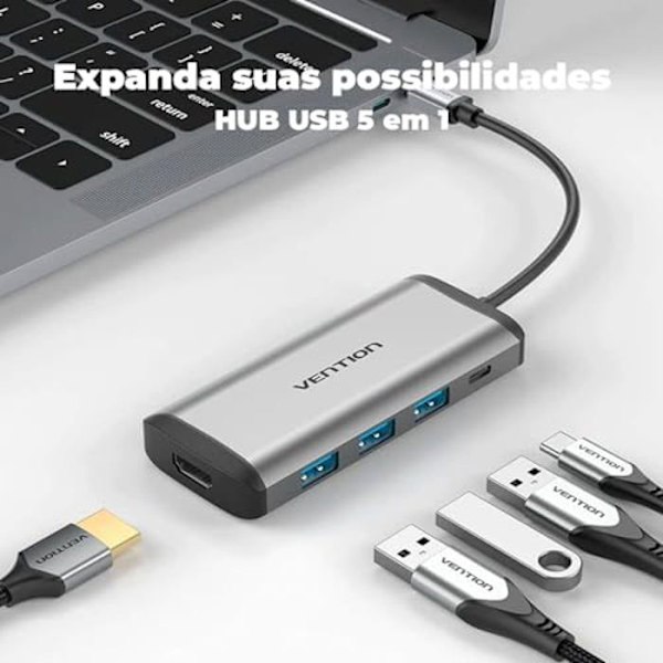 Dockningsstation - VENTION - Typ C för HDMI - 3 USB 3.0-portar - 0,15 m PD - Metallic grå