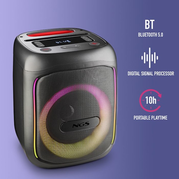 NGS Wild Swag Go: bärbar högtalare 80 W, batteri 10 h och LED-lampor - BT/TWS/USB/TF/AUX IN, mikrofoningång, DSP, svart. Svart