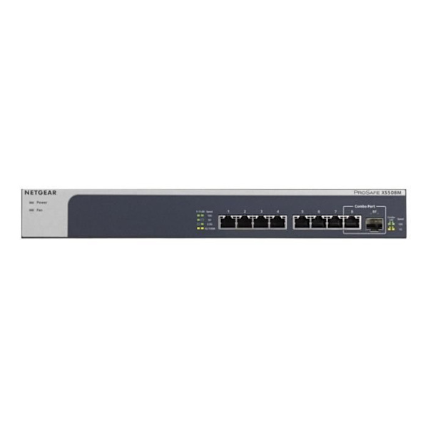 NETGEAR ProSAFE XS508M unmanaged switch - 7 portar 100 Mb, 1, 2,5, 5 eller 10 GB + 1 SFP+ GB/10 GB-port - rackmonterbart metallfodral Grå, Silver