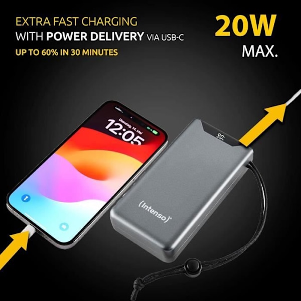 Intenso Powerbank F20000, Externbatteri med PD 20 W QC 18 W, USB-C och USB-A port, 20 000 mAh, Grå