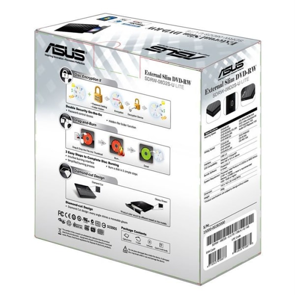 Asus SDRW-08D2S-U Smal svart extern DVD-brännare - USB 2.0 - Skivkryptering och dra-och-bränning
