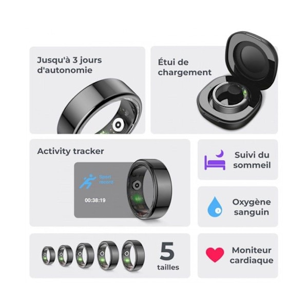 Intelligent ring - Ksix - XS - Storlek 8 - Noir - Aktivitetsmonitor - Autonomi 3 dagar Svart