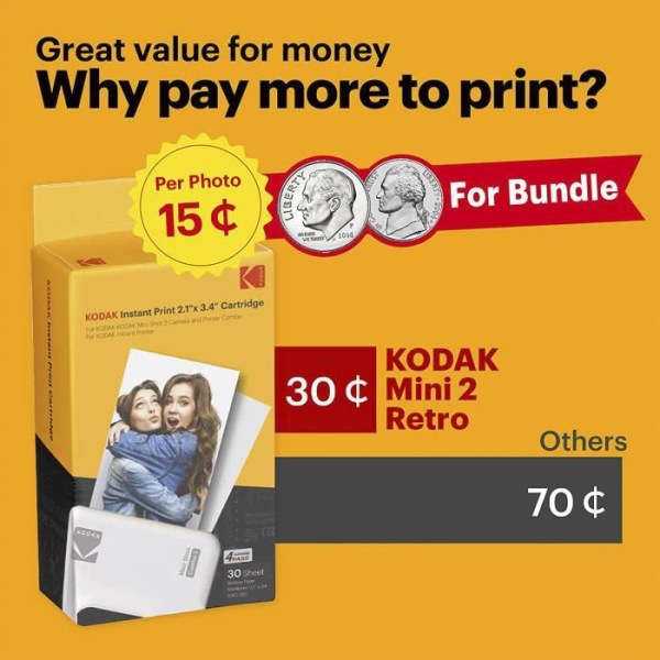 Kodak Mini 2 Retro mobil fotoskrivare för smartphone (iPhone och Android), Bluetooth-skrivare, 5,4 x 8,6 cm, gul + 68 foton