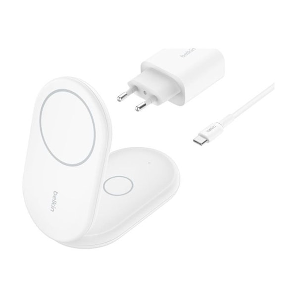 Trådlös Laddare - BELKIN - BoostCharge - 15 W Qi2 - Kompatibel med MagSafe - 2-i-1 Fällbar Vit