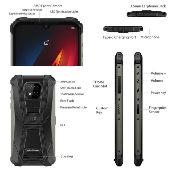 4G Ulefone Armor 8 Smartphone 64GB Robust 6,1" skärm Android 10 16MP Kamera 5580mAh Batteri IP68 Vattentät Stötsäker NFC-Svart