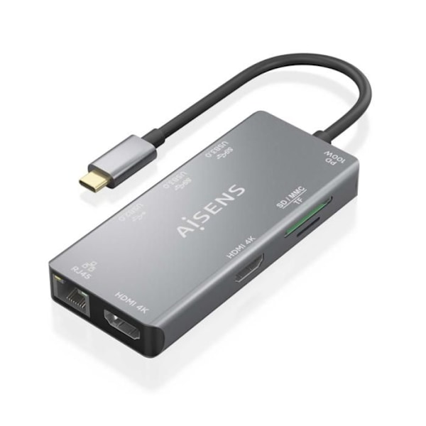 HUB AISENS USB-C DOK 9 I 1 USB-C 2XHDMI RJ45 2XUSB-A 3.0 USB-A 2.0 PD