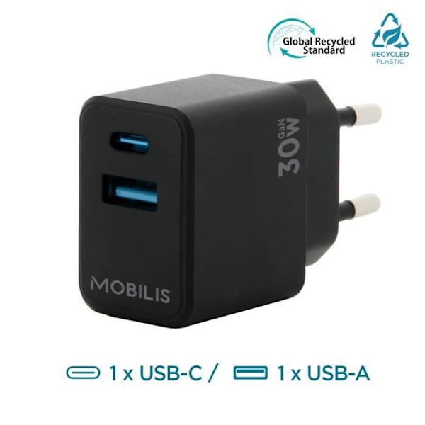 Nätladdare - MOBILIS - 30W GaN - 1 USB-C-port, 1 USB-A-port - för smartphone och surfplatta