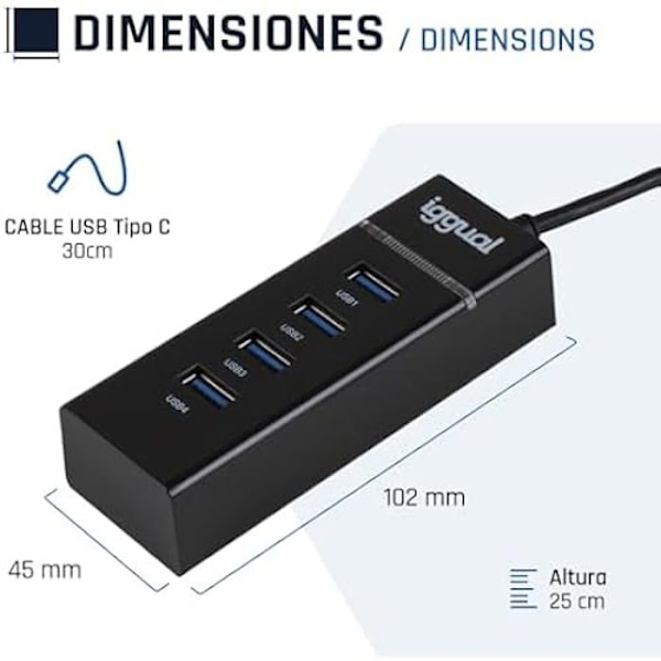 USB-hubb - IGGUAL - 4 USB 3.0-portar - Hastighet 5 Gbit/s - Färg Svart - Typ USB-A
