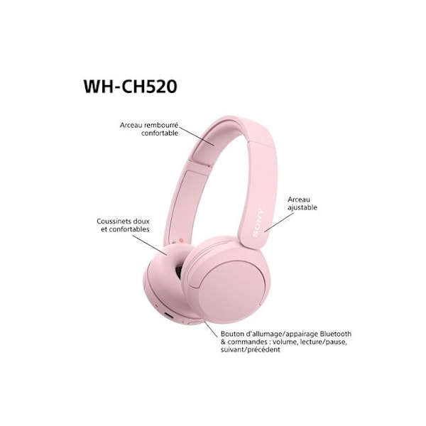 Sony trådlösa Bluetooth-multipoint hörlurar WHCH520 Rosa Rosa