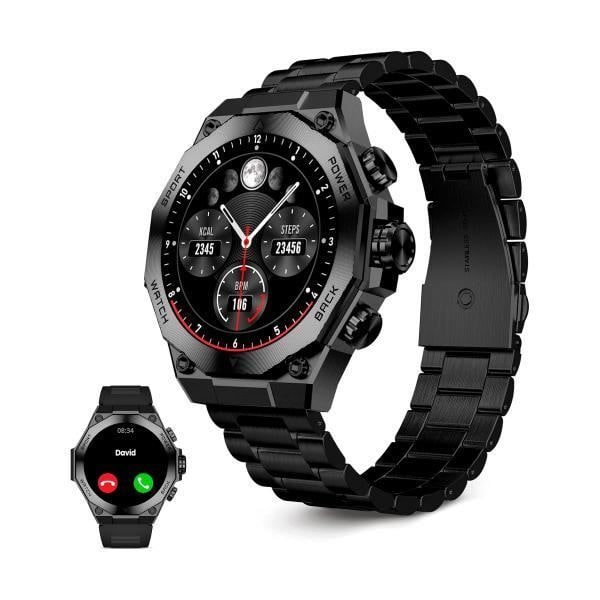 KSIX Titanium Black Round Dial Smart Watch med 1,43" AMOLED-pekskärm, Bluetooth 5.3-anslutning, vattentäthet