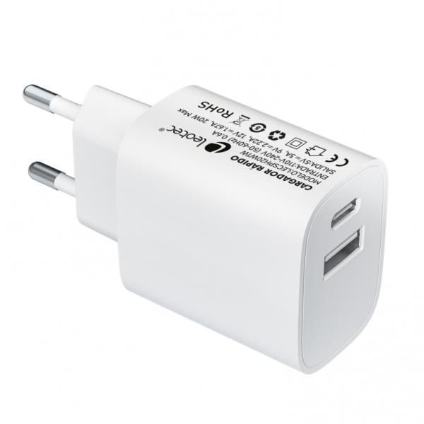 Laddare - LEOTEC - Leotec 20W - 1xUSB-C PD - 1x USB-A - Vit Vit