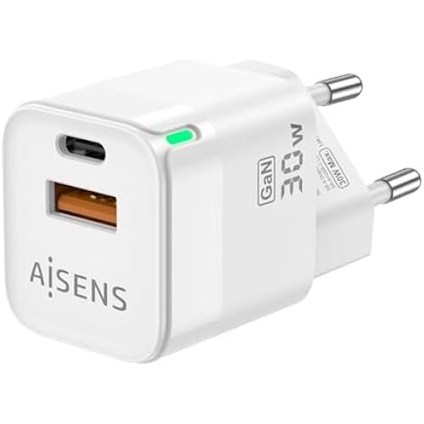 AISENS GAN Laddare 30W 1XUSB-C PD3.0 QC4.0 1XUSB-A QC3.0 Vit Vit