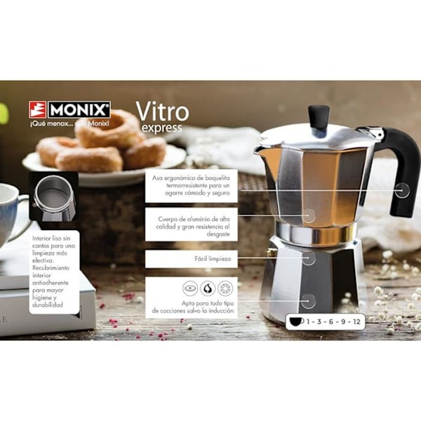 Italiensk kaffebryggare - MONIX - 3935009 - 12 koppar - Rostfritt stål Aluminium - Rostfritt stål Färg Rostfritt stål