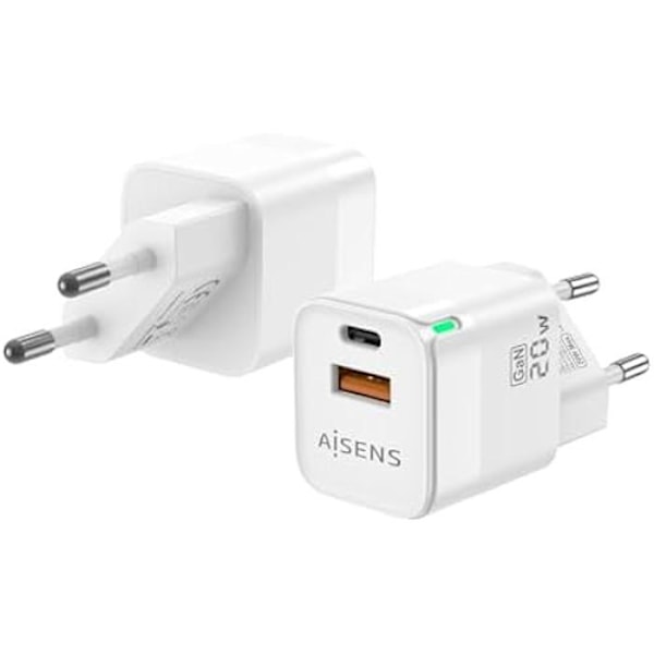 AISENS ASCH-20W2P002-W 20W GaN-laddare - 1XUSB-C PD3.0 QC4.0, 1XUSB-A QC3.0 - Vit Vit