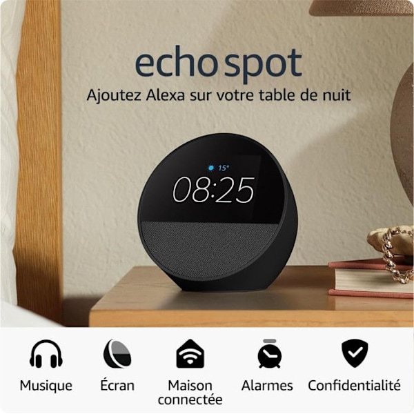 Smart högtalare - AMAZON - Echo Spot (2024) - Svart - Pekskärm - Inbyggd Alexa Svart