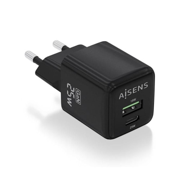 LADDAR AISENS GAN 25W 1XUSB-C PD3.0 QC4.0 1XUSB-A QC3.0 SVART Svart