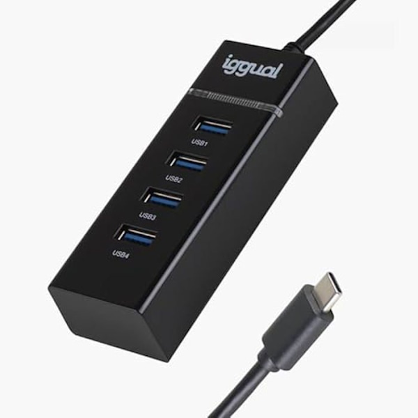 USB Typ C-hub - IGGUAL - 4 USB 3.0-portar - 5 Gbit/s - Svart - Kompatibel med alla USB Typ C-enheter