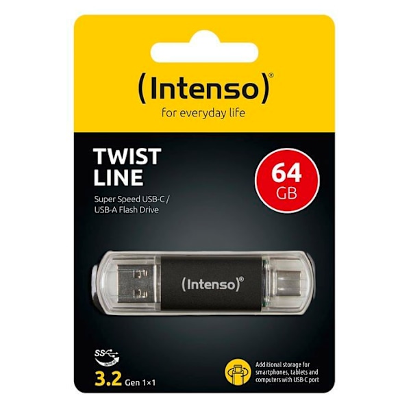 USB-nyckel - INTENSO - Twist Line - 64 GB - USB-A, USB-C™ - USB 3.1 Gen 1 - Grå