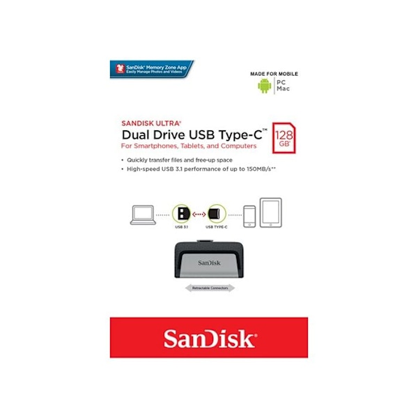 SANDISK Ultra Dual USB Flash Drive - 128GB - USB 3.1/USB-C - Grå