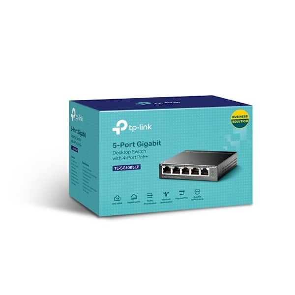 TPLINK TL-SG1005LP 5P Gb Switch 4P PoE+ TL-SG1005LP 5-Port Gigabit Desktop Steel Case Switch med 4-Port PoE+ 40W PoE-budget Svart