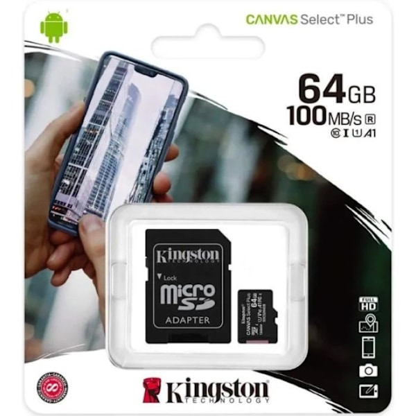 KINGSTON Canvas Select Plus SDCS2 64GB 64GB Micro SD-minneskort Klass 10 A1 100MB/s + Adapter ingår