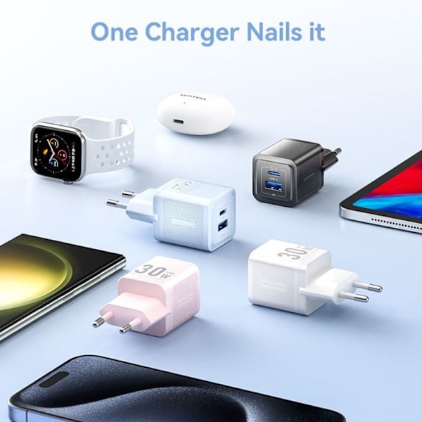 GaN-laddare, Typ-C, USB, PD30W, dubbel snabbladdning - Vention (FEQL0-EU) - Blå