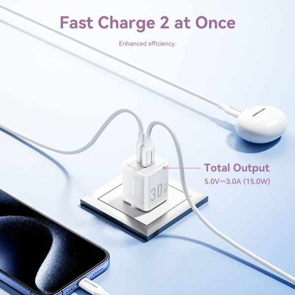 GaN-laddare, Type-C, USB, PD30W, dubbelladdning snabb - Vention (FEQP0-EU) - Rosa