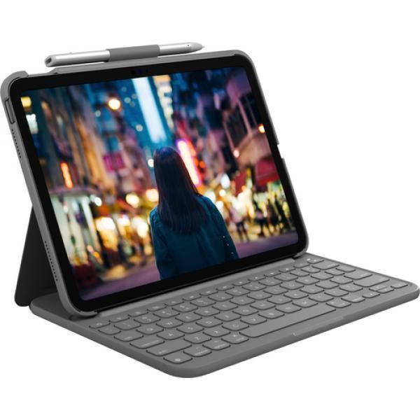 Logitech Slim Folio - Tangentbord och foliofodral - Trådlös - Bluetooth LE - QWERTZ - Tyska - Oxford Grey - för Apple iPad Wi-Fi 10.2