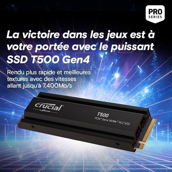 Crucial T500 SSD 1TB PCIe Gen4 NVMe M.2 PS5 Intern spel-SSD med kylfläns, kompatibel PlayStation 5 - CT1000T500SSD5