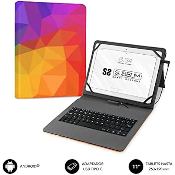 Subblim Tablet-fodral med Micro USB-tangentbord - Typ C, spanskt tangentbord, 11" tum, magnetisk stängning, kompatibel med