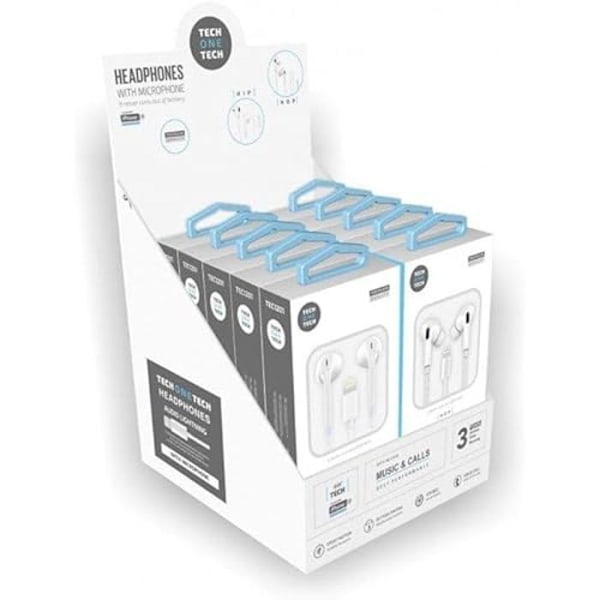 EarTech TEC1203 hörlursdisplay med mikrofon och Lightning-kontakt - 10 vita hörlurar ingår Vit
