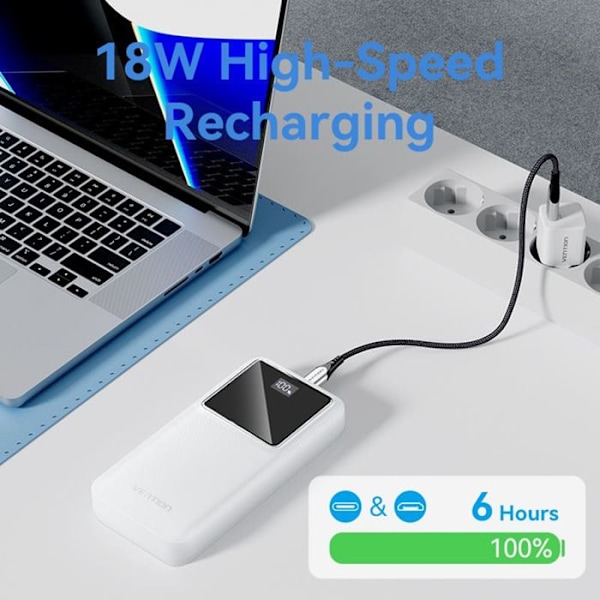 USB-C extern batteri, 2x USB, Micro-USB, LED-skärm, PD22,5W, 20 000 mAh - Vention (FHLW0) - Vit