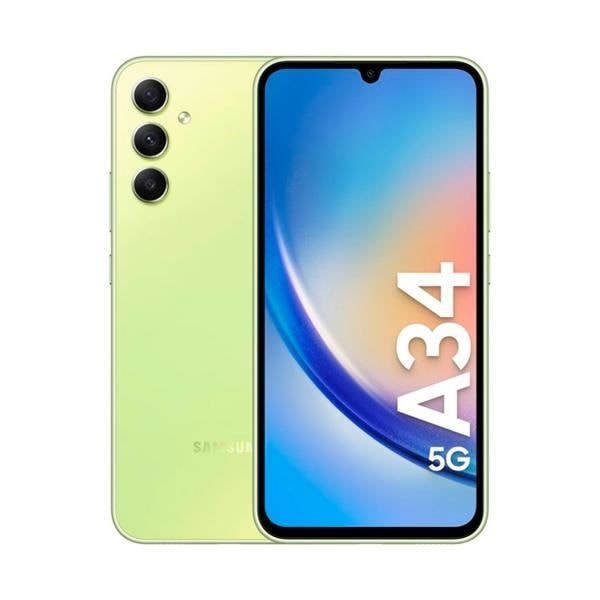 Samsung A34 smartphone i ljusgrön färg med 6,6" AMOLED 120 Hz Full HD+-skärm, 1080 x 2340 pixlar, 8 GB DDR4 + 256 GB RAM