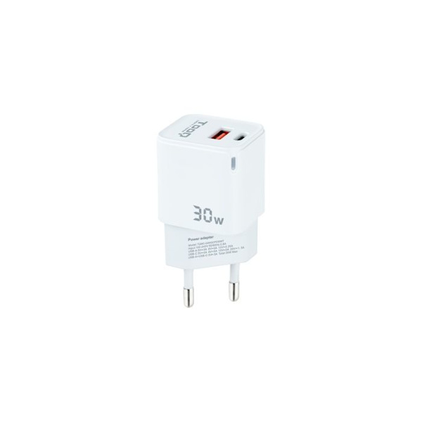 Gan Tooq USB-C/Pd 30W + Usb-A/Qc 30W laddare Vit