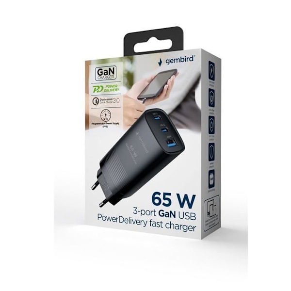 Laddare - GEMBIRD - TA-UC-PDQC65-01-BK - 3 portar - 65 W - Snabbladdning - GaN Technology