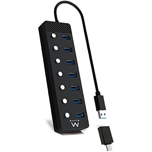 Ewent EW1147 USB-hubb - 7 portar - oberoende switchar - strömadapter - Svart