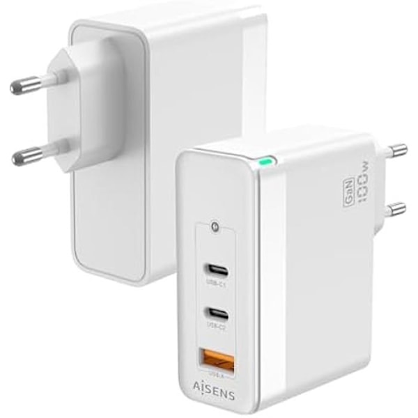 AISENS GAN Laddare 100W 2XUSB-C PD3 0 QC4 0 QC5 0 1XUSB-A QC3 0 Vit Vit
