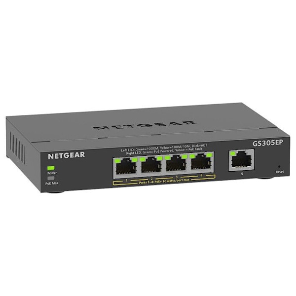 Switch Ethernet PoE 5 portar - NETGEAR - GS305EP - Smart Manageable - Tyst - 4 portar PoE+ Svart