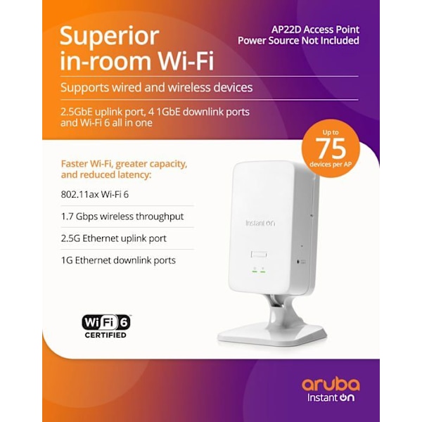Trådlös åtkomstpunkt - HPE Networking - Instant On AP22D (RW) - Wi-Fi 6 - 2.4/5 GHz - Vägg-/bordsmontering