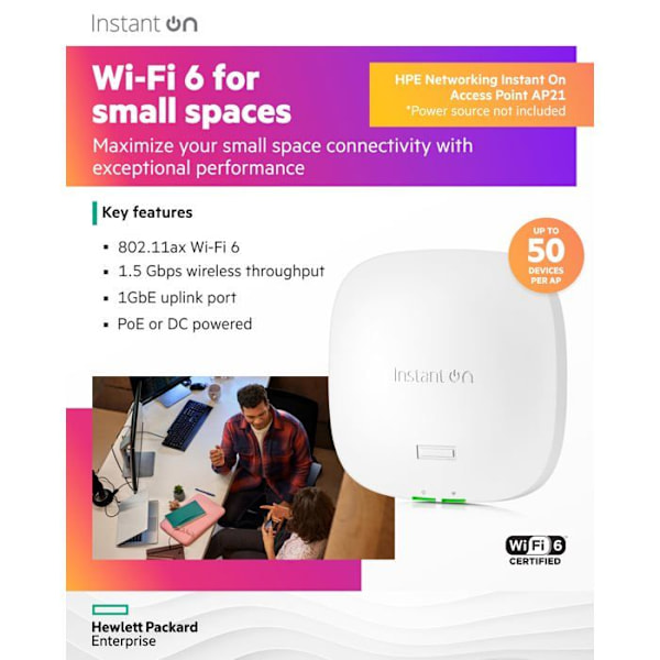 Trådlös åtkomstpunkt - HPE Networking - Instant On AP21 (RW) - Wi-Fi 6 - 2.4/5 GHz - Tak-/väggmonterbar