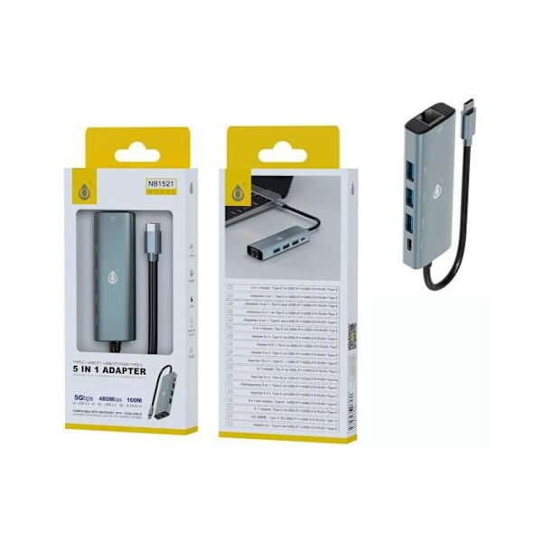 Jc Nb1521 5 En 1 En Färg Silver - Hub-adapter Från Usb-c (hane) Till Usb 3.0 + 2 Usb 2.0 + Rj45 + Usb-c Hona